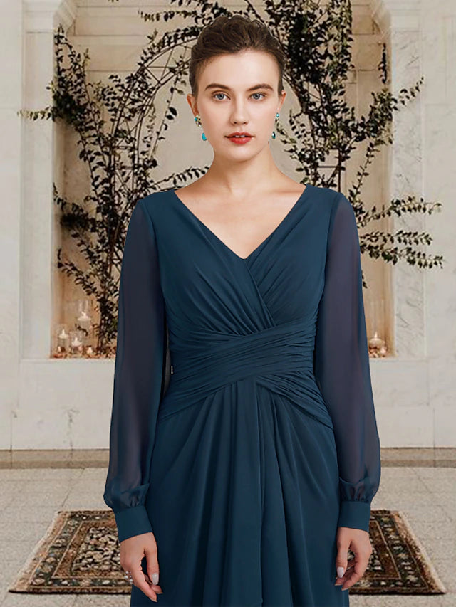 A-Linien-Kleid für die Brautmutter in Übergröße, elegant, V-Ausschnitt, bodenlang, Chiffon, lange Ärmel mit gerafften Rüschen, seitlich drapiert